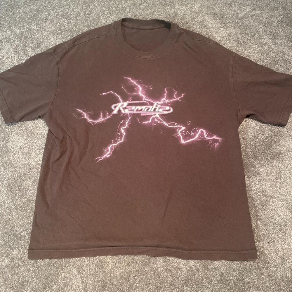 Brown Graphic T-Shirt REMAKE lightning bolts, Men’s Size L